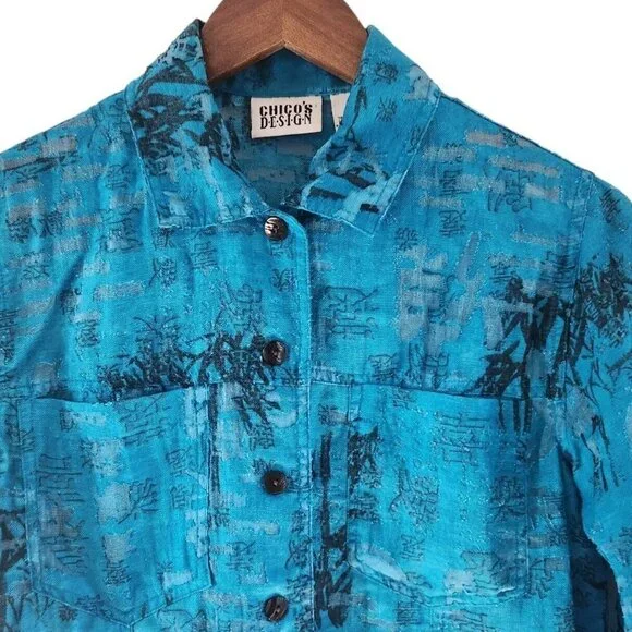 Chicos Rayon Blend Blue Teal Semi Sheer Asian Print Inspired Button Front Top 0 - Picture 2 of 5
